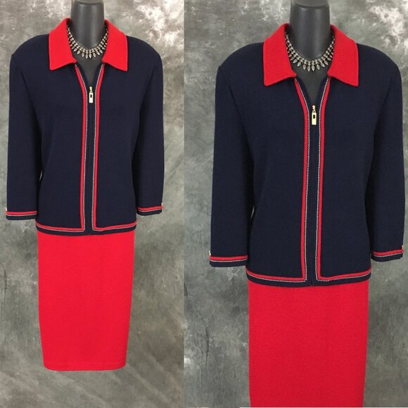BEAUTIFUL st john collection knit blue red multi jacket skirt suit size 14 - Picture 2 of 9